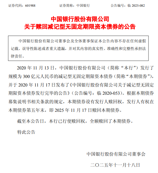 在线配资平台 中国银行：全额赎回300亿元减记型无固定期限资本债券